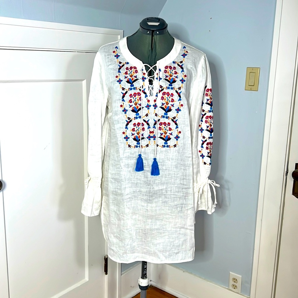 NWOT Tory Burch Linen Baja Embroidered Tunic Cover-up Bell Cuffs Generous Medium